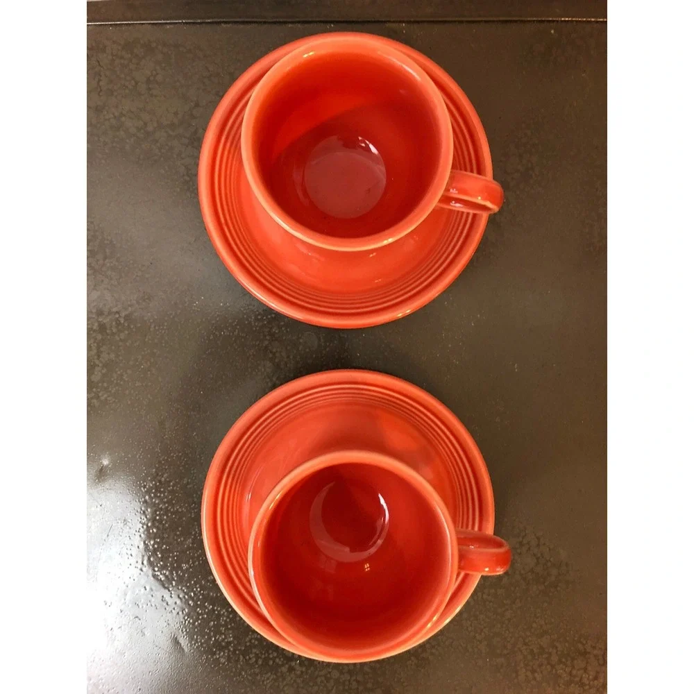 Fiestaware Homer Laughlin 4 pc Set Poppy Orange‎ Coffee Tea Cups Saucers Retro